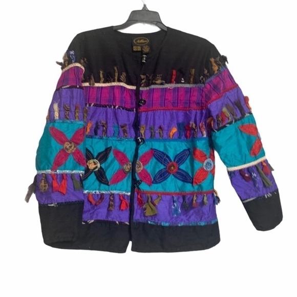 Vintage Allure 80s/90s Silk Blend Embroidered Mixed Media Patchwork Jacket Small - Picture 1 of 5